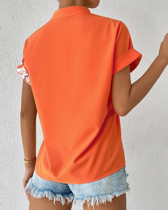 Paneled floral print button short sleeve blouse