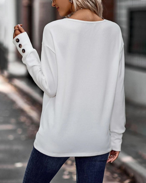 Solid color v neck button long sleeve top