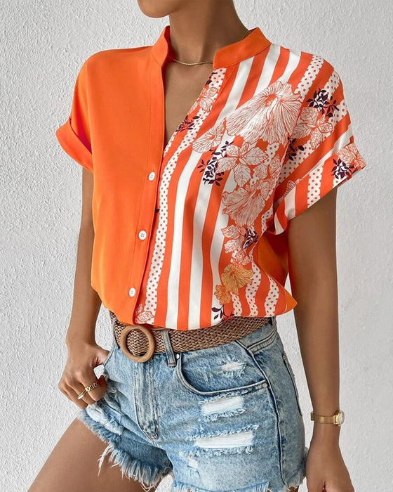 Paneled floral print button short sleeve blouse