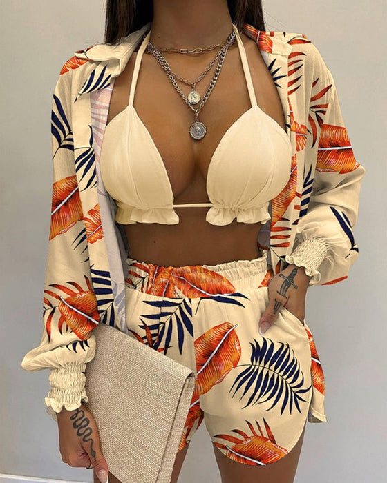 Balloon sleeve shirt bikini three piece set