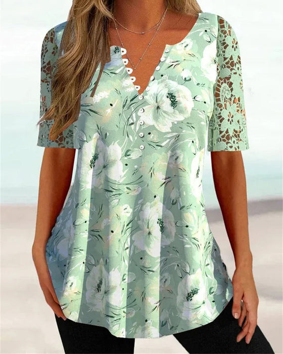 V-neck short sleeve printed blouse