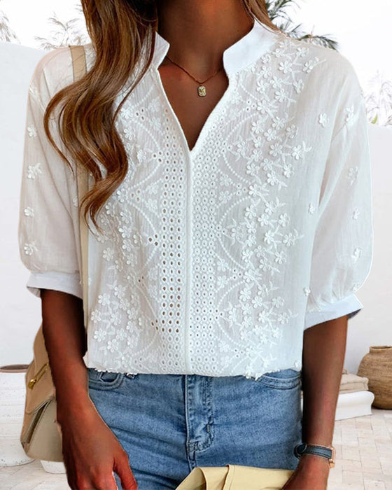 Solid color v-neck short-sleeved blouse