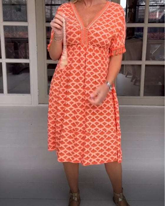 Printed v-neck fringed dress