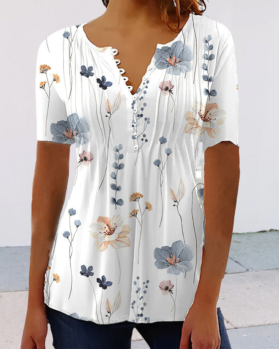 V Neck Button Print Short Sleeve Blouse