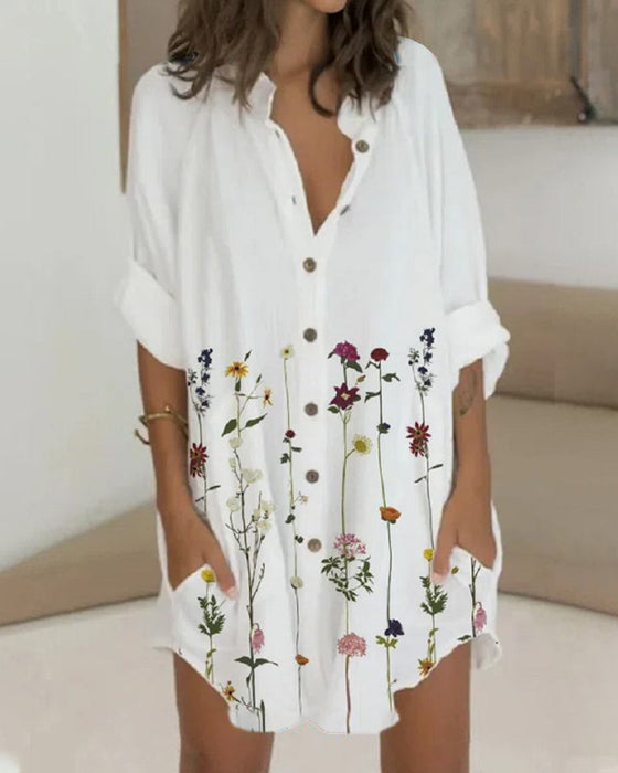 Printed button long sleeve pocket dress