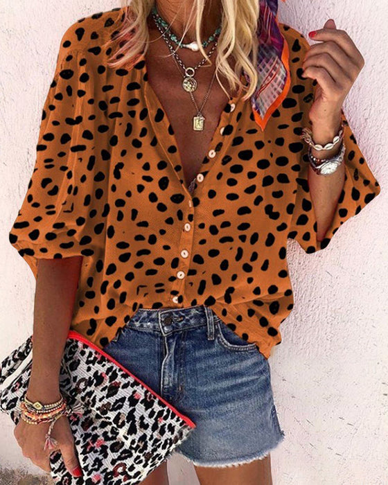 Leopard-print casual stand-collar shirt