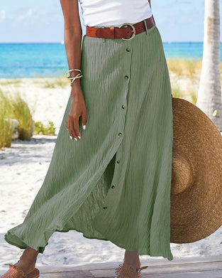 Button Slit Solid Color Long Skirt