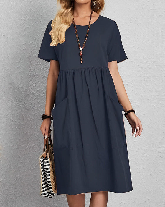 Round neck pleated short sleeve dress