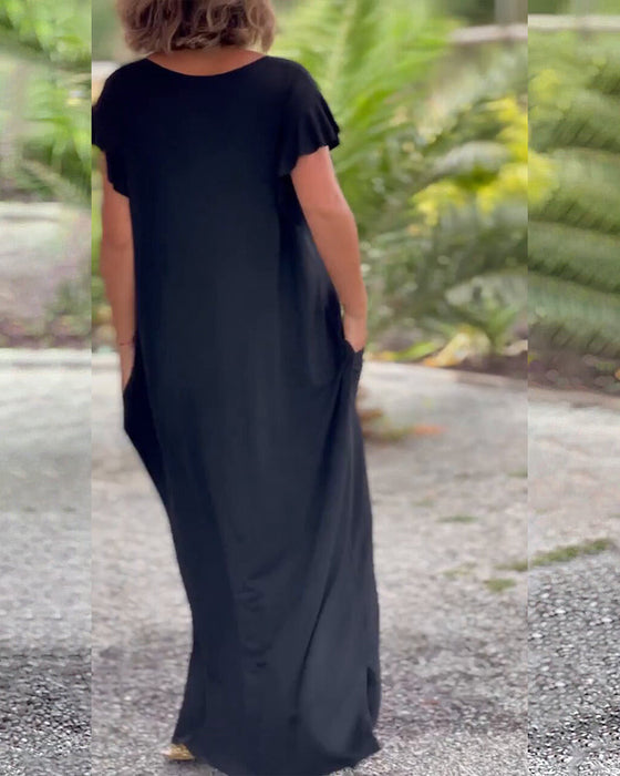 Solid color pocket short sleeve long dress