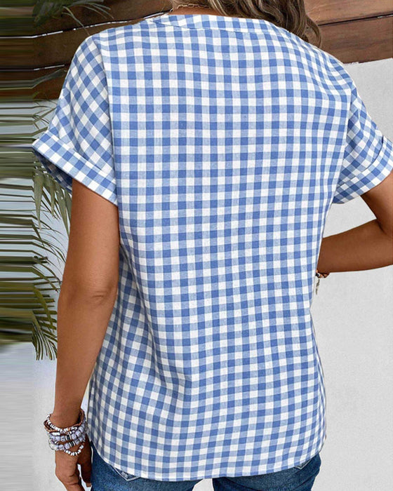 V-neck plaid print blouse