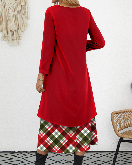 Red fake 2in1 plaid a line velvet dress