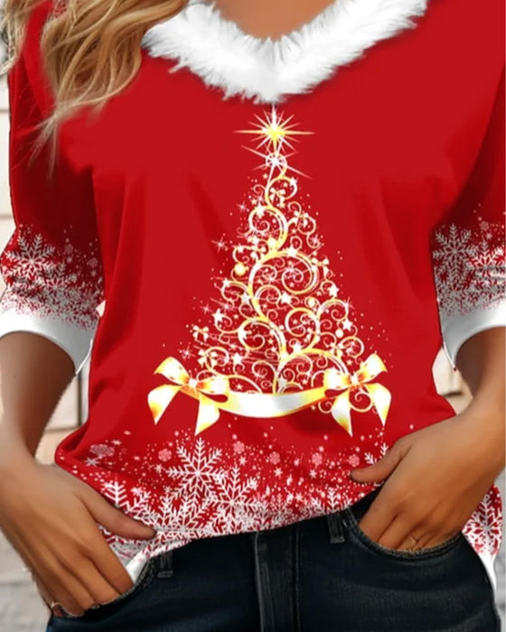 Plush v-neck christmas tree print top