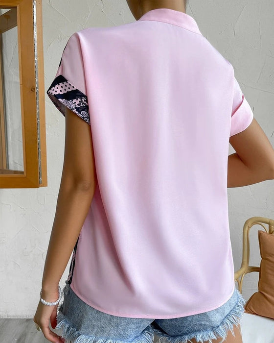 Paneled floral print button short sleeve blouse