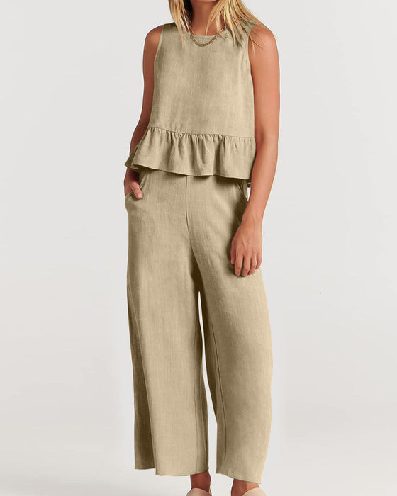 Ruffled sleeveless solid color two-piece suit