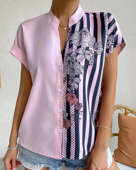 Paneled floral print button short sleeve blouse