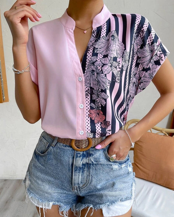 Paneled floral print button short sleeve blouse