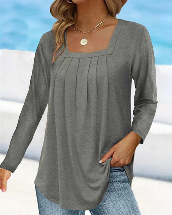 Square neck pleated long sleeve top