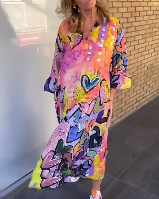 V neck heart print long sleeve dress