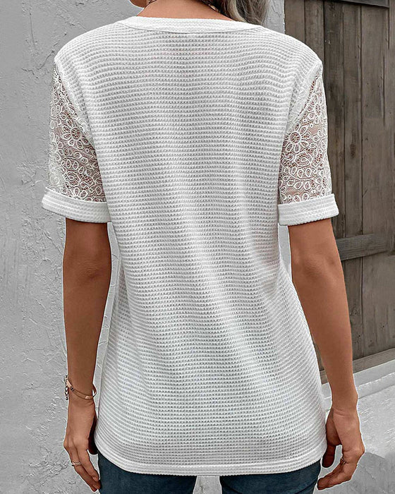 Solid color v-neck lace T-shirt