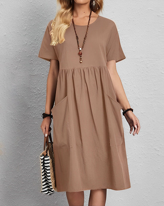 Round neck pleated short sleeve dress