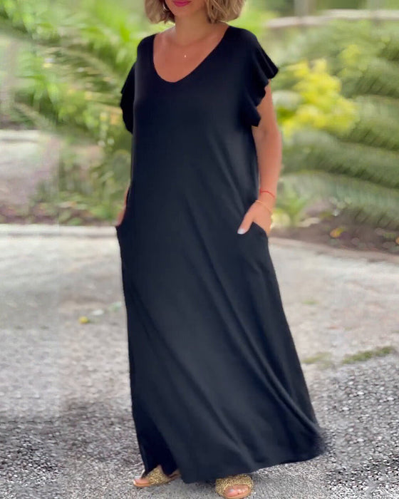 Solid color pocket short sleeve long dress
