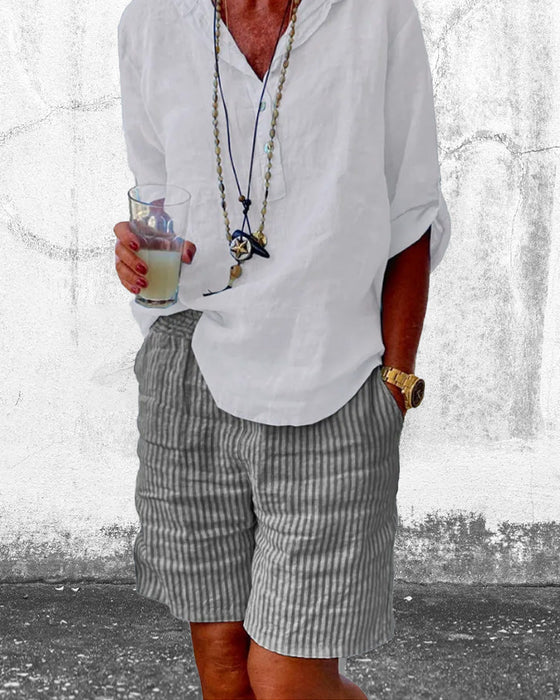 Cotton and linen stripe print shorts