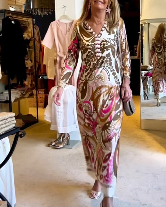 V-neck casual printed long dress