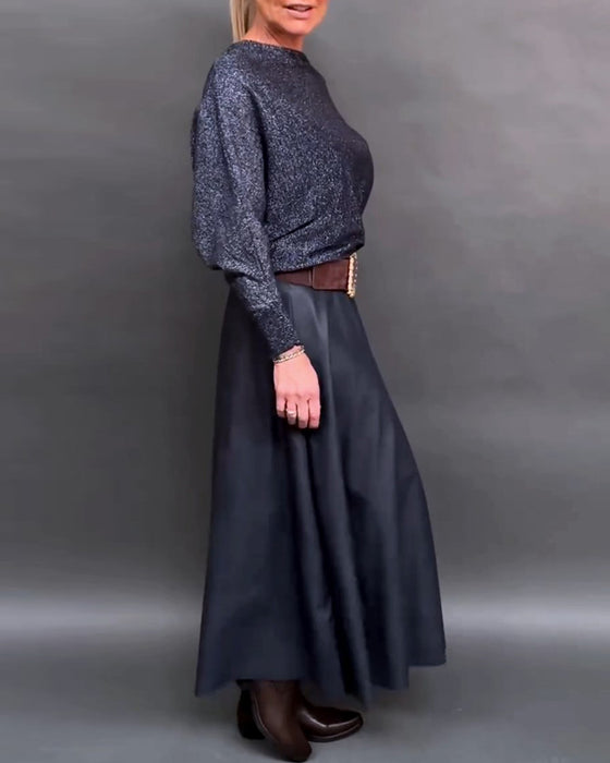 Shiny crew neck dolman sleeve top