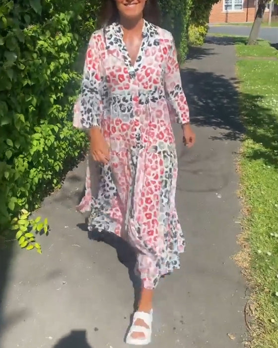 V-neck printed ruffle casual dress