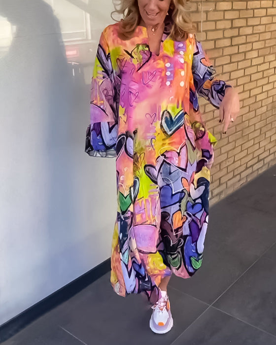 V neck heart print long sleeve dress