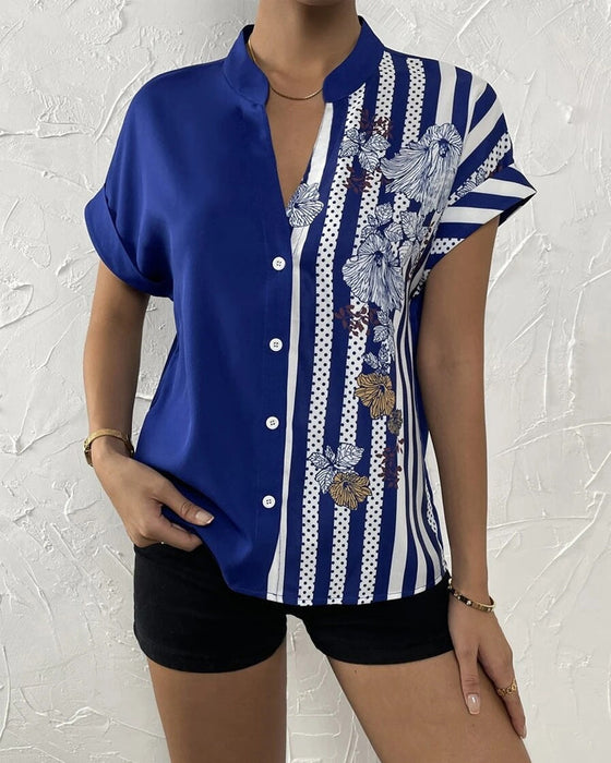 Paneled floral print button short sleeve blouse