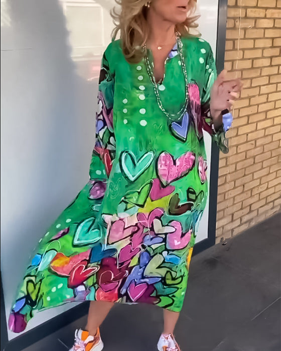 V neck heart print long sleeve dress