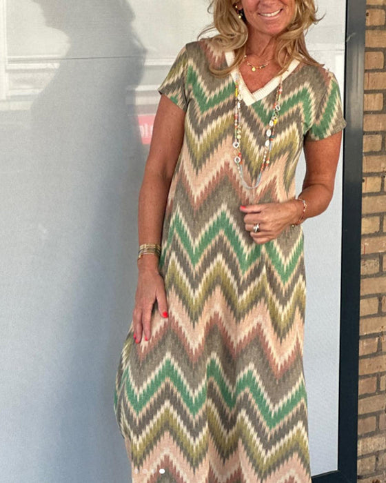Wave print v-neck dress