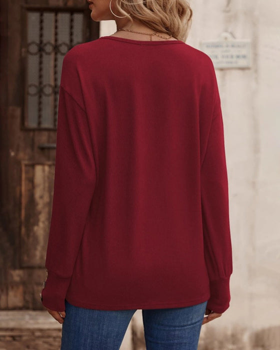 Solid color v neck button long sleeve top