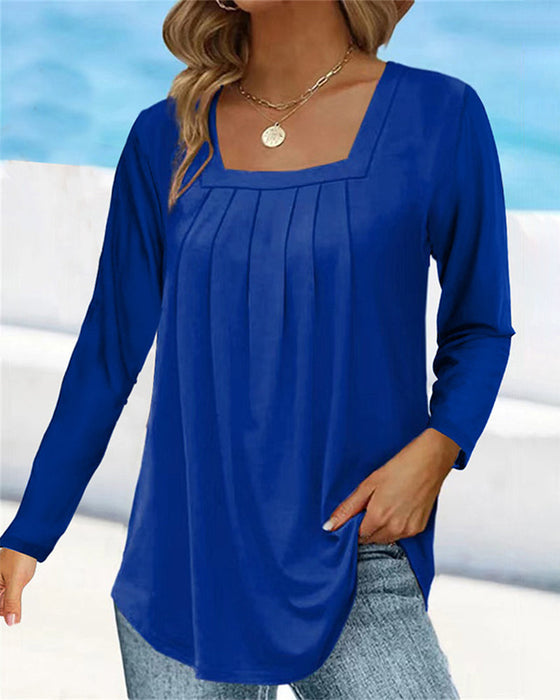 Square neck pleated long sleeve top