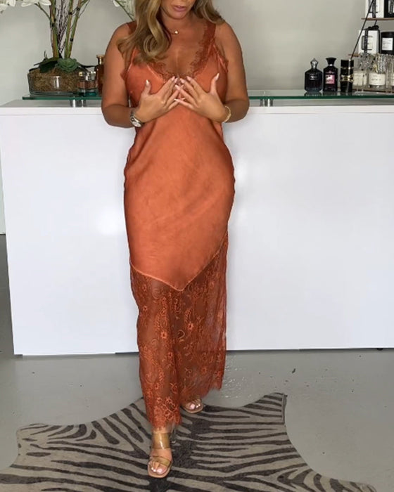 Solid color lace suspender dress