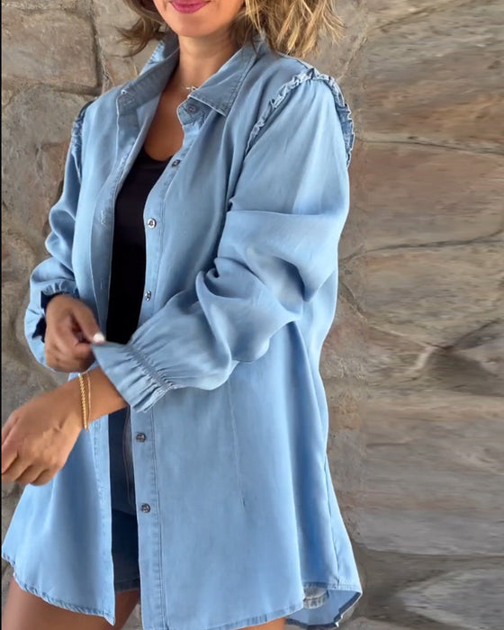 Solid Color Denim Long Sleeve Top