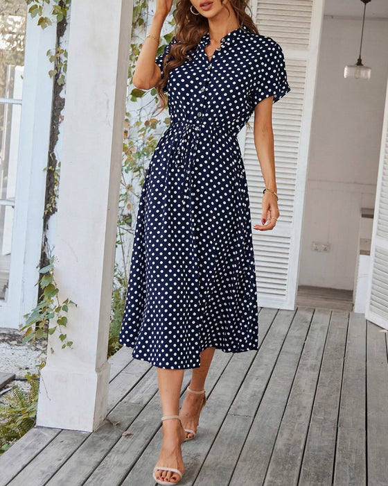 Polka Dot Drawstring Button Dress