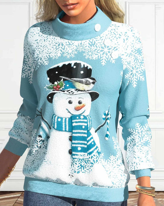 Snowman print stand collar sweatshirt