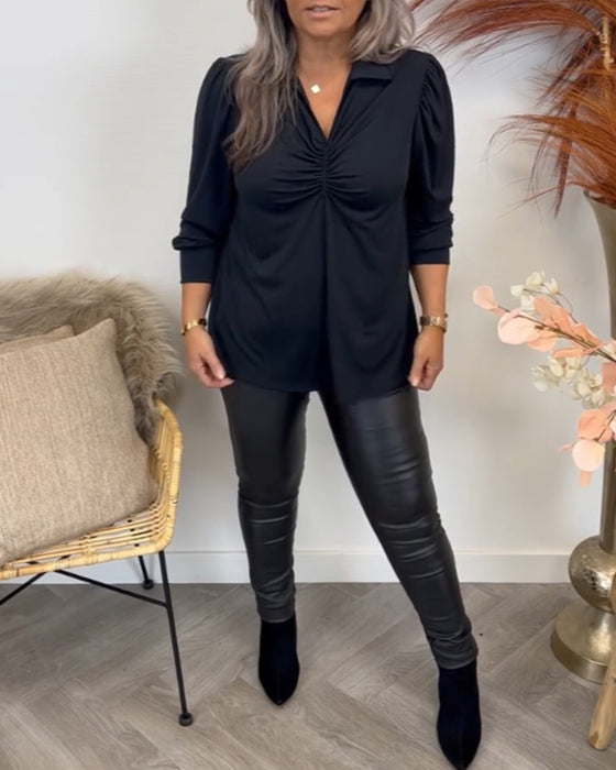 V-neck pleated long-sleeved blouse