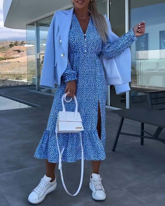 V-neck floral patchwork dressa