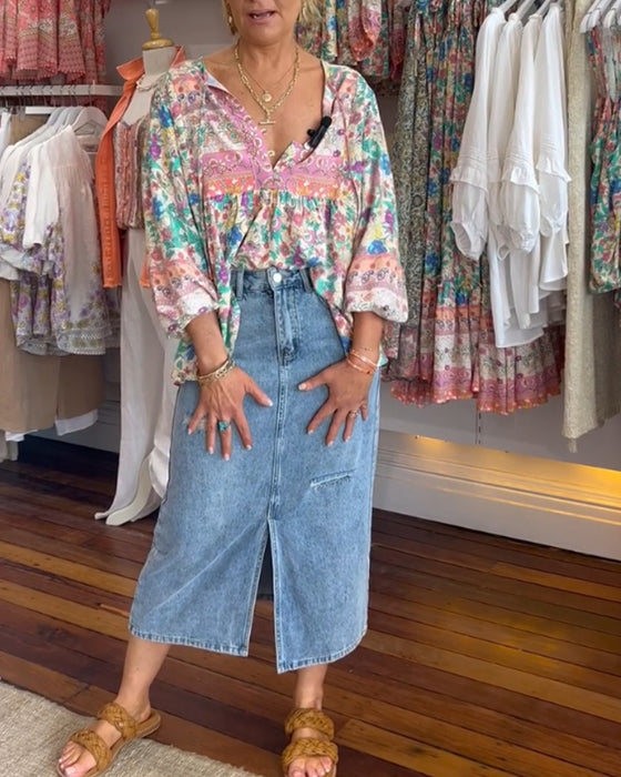 Colorful floral print casual blouse