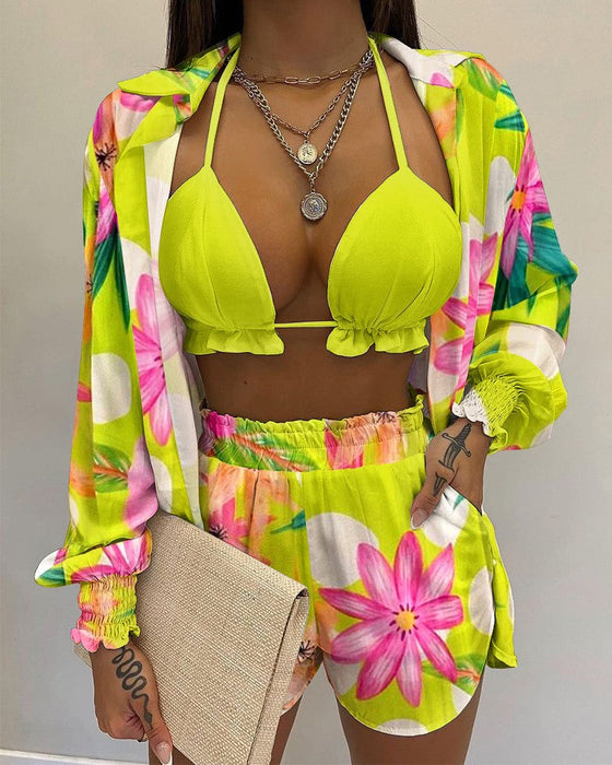 Balloon sleeve shirt bikini three piece set