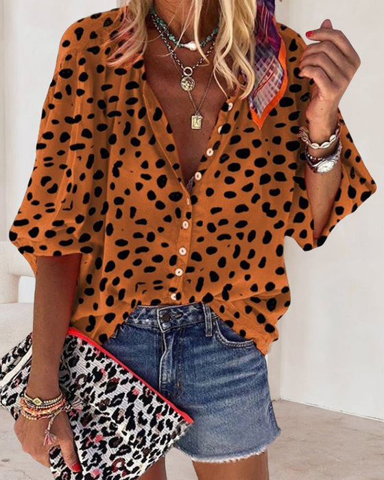 Leopard-print casual stand-collar shirt