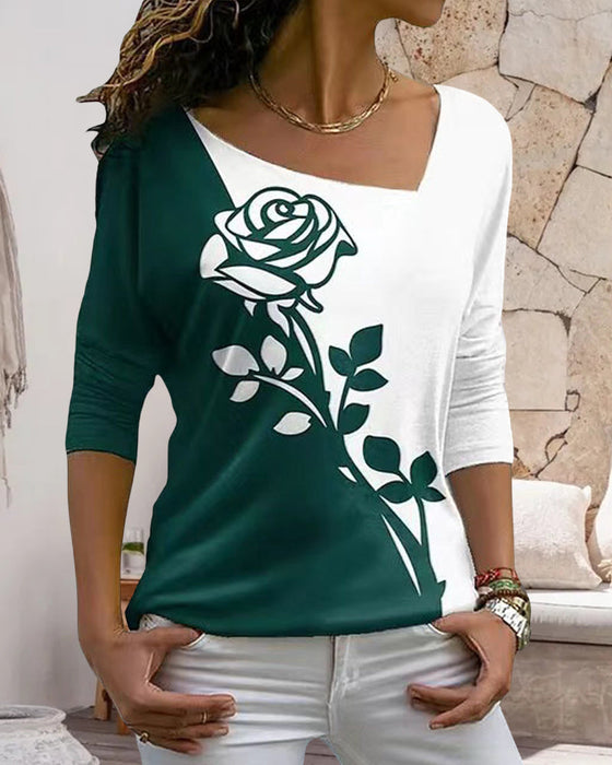 Rose Print Long Sleeve Top