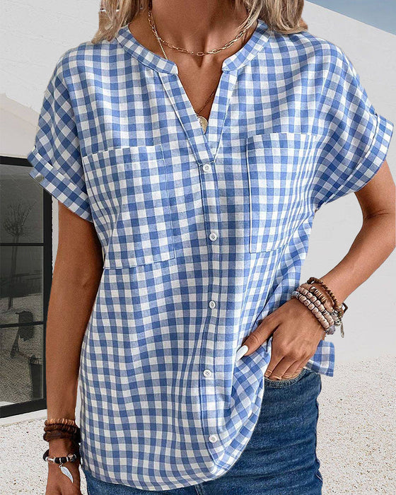 V-neck plaid print blouse