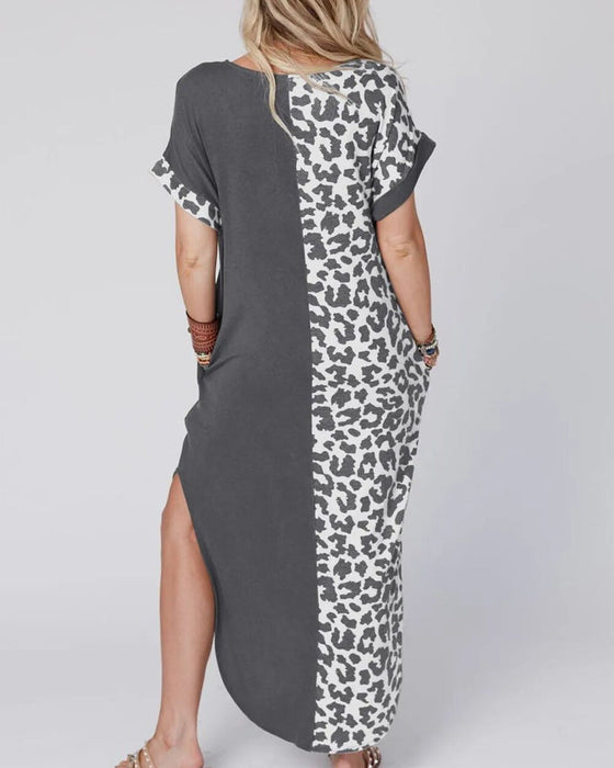 Round neck leopard color block dress
