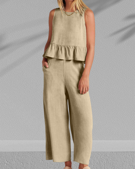 Ruffled sleeveless solid color two-piece suit