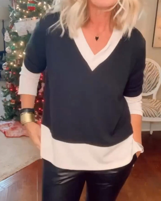 Color block v-neck casual top