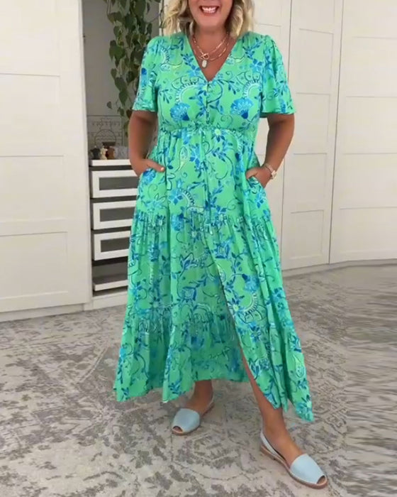 Short-sleeved pocket printed dress